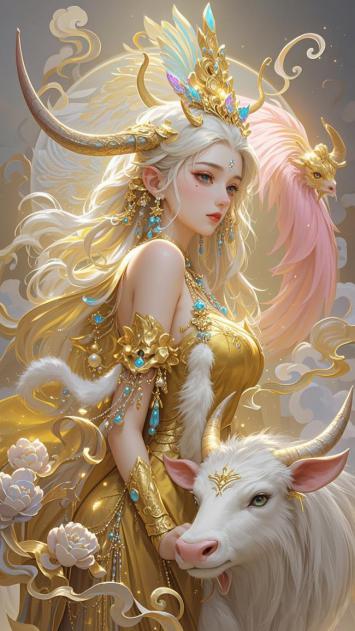 仙侠女神与白牛神兽共舞祥云图