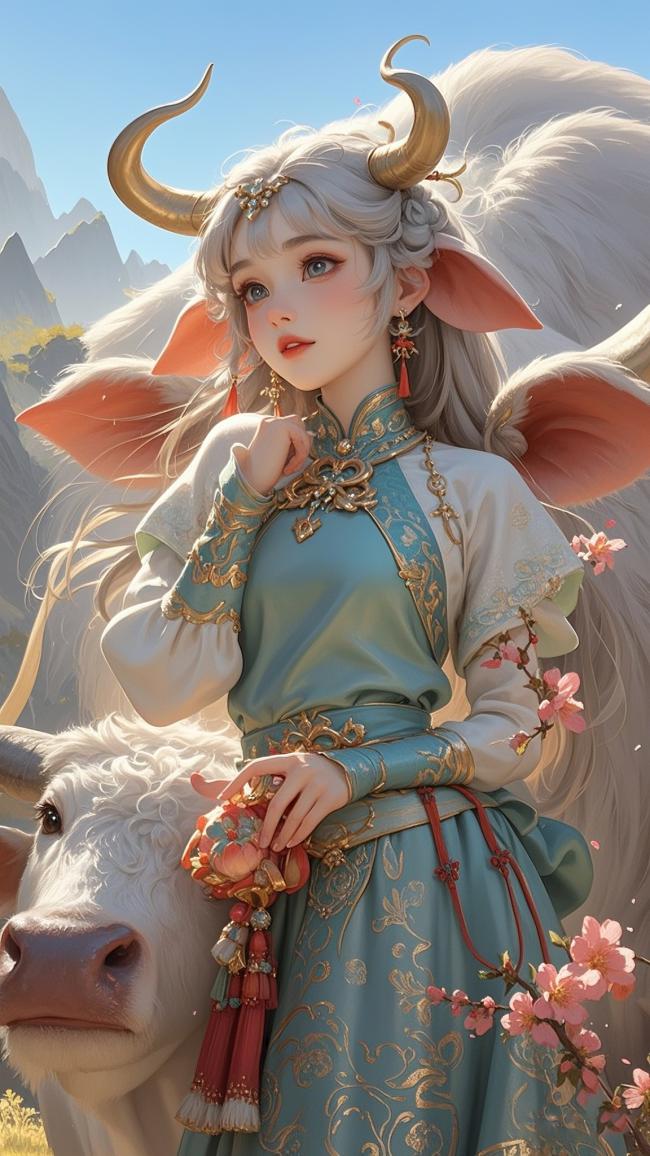 仙侠少女与神牛相伴，青蓝汉服映樱花