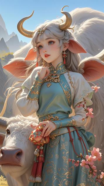 仙侠少女与神牛相伴，青蓝汉服映樱花