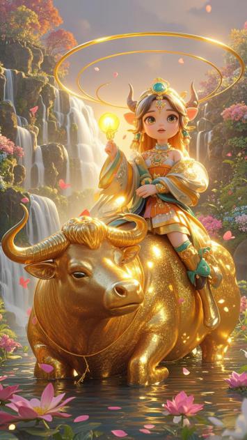 金牛神女踏瀑观莲图