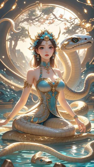 蛇神少女盘坐水畔，蓝金华服映月光
