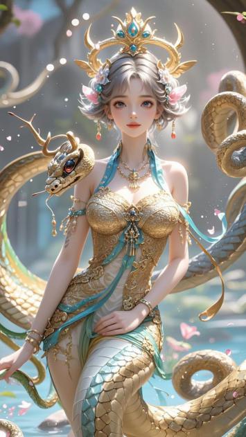 蛇神少女与金龙共舞的东方神话画卷