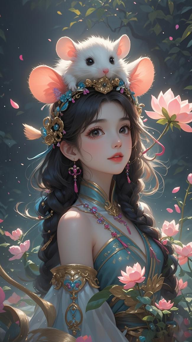 古风仕女与白鼠共舞莲花间