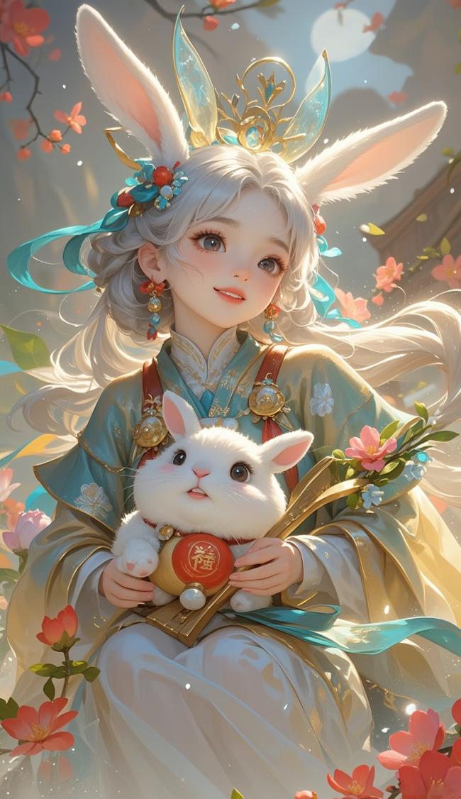 兔耳汉服少女春日花间图