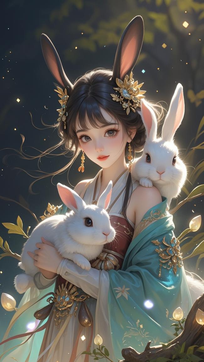 古风仙子抱玉兔，夜林光影如梦来