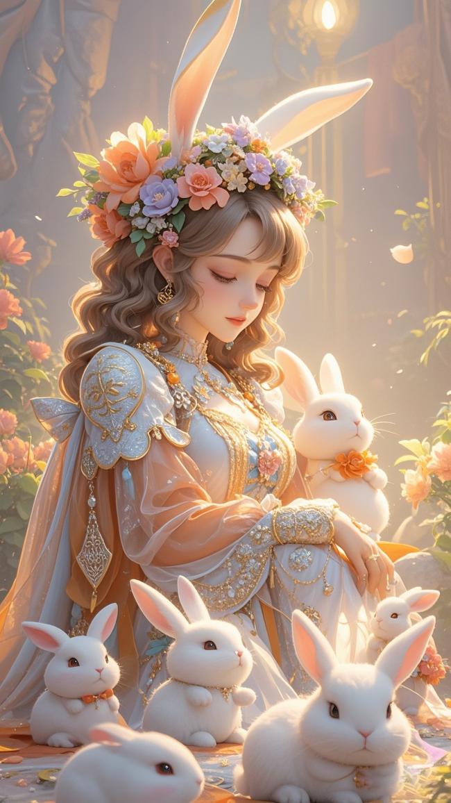 兔耳仙子与白兔花园梦幻场景