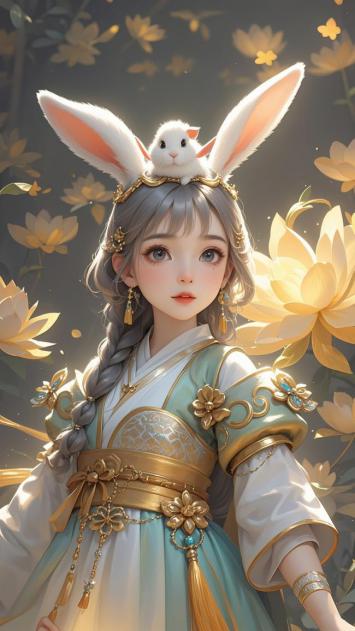 古风仙侠少女持兔耳冠，莲花环绕梦幻写真