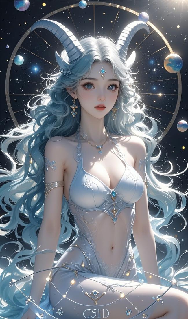 银发羊角女神3D幻想插画