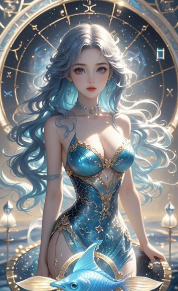星空女神奇幻插画，蓝金华服伴鱼形装饰