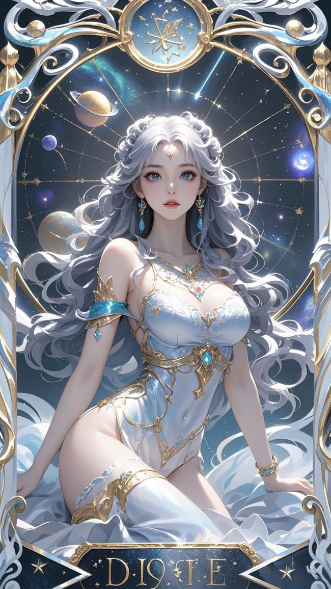 星穹女神仙侠插画，银发华服映银河