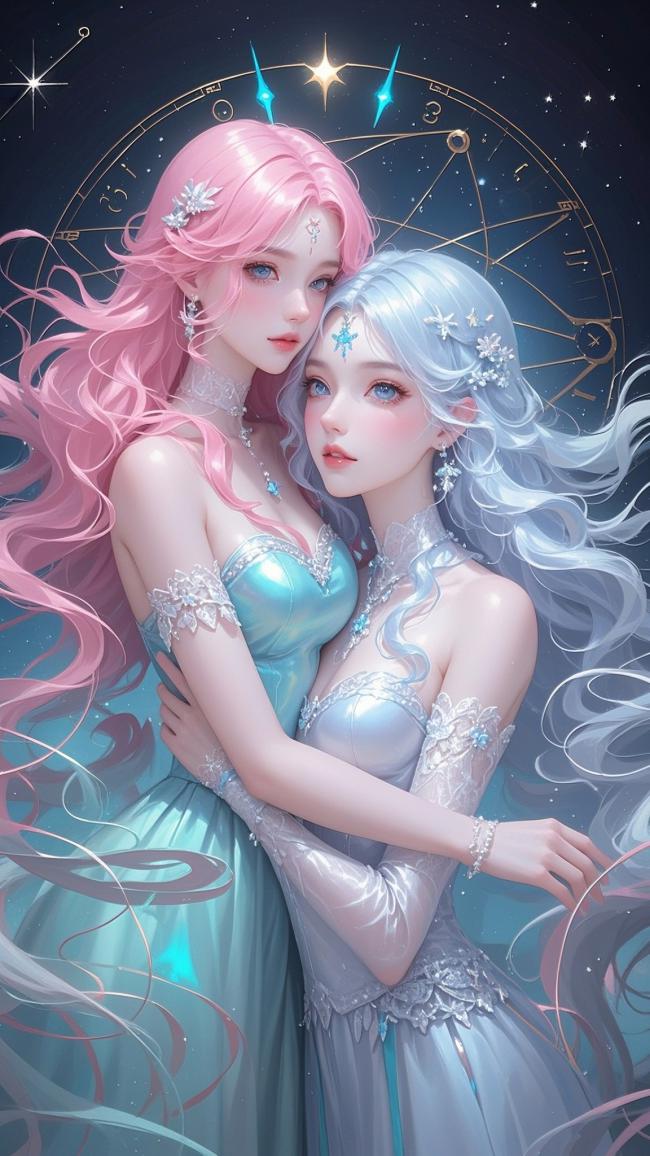 双生女神星轨共舞奇幻插画