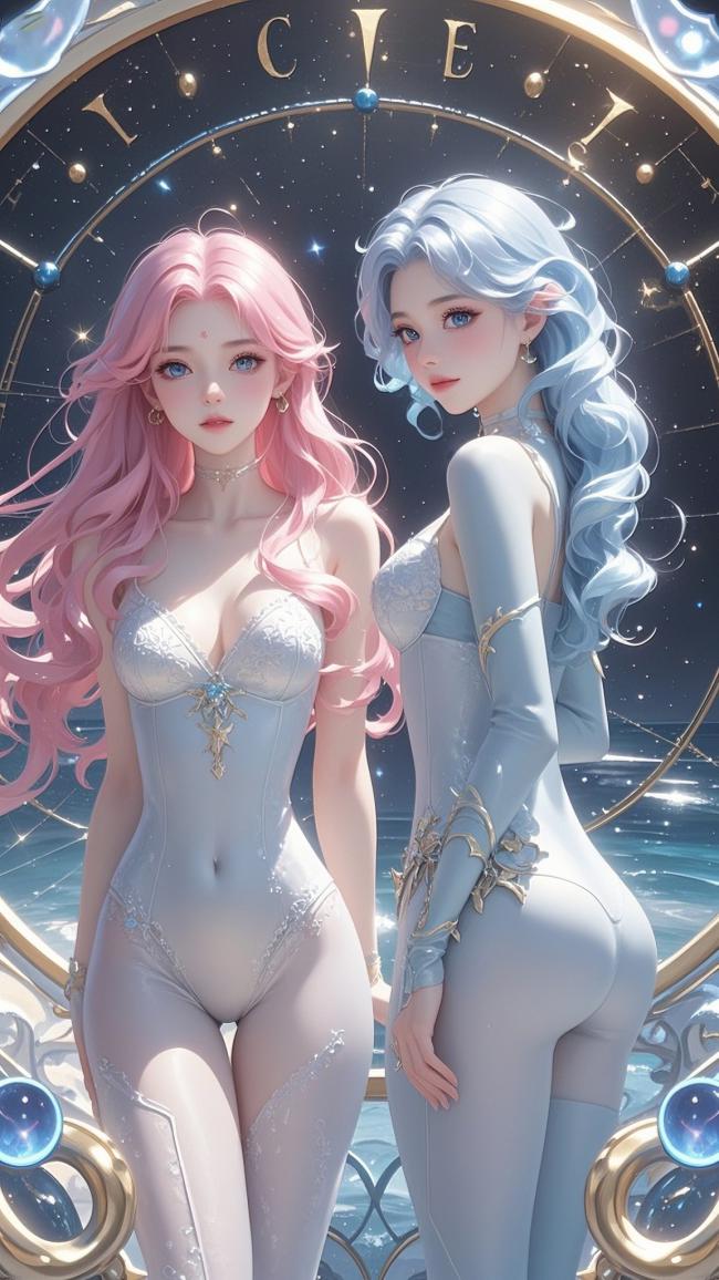 双生女神科幻插画：星轨穹顶下的未来之姿