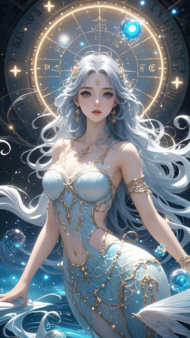 银发仙子立于星盘之间，玄幻幻想风唯美插画