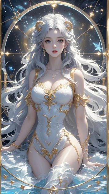 银发女神坐拥星穹，金饰华服幻境如神祇降临