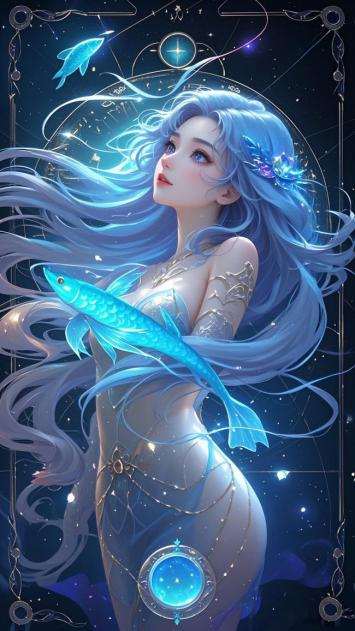 蓝发人鱼少女怀抱星鱼，仙侠玄幻夜空奇境