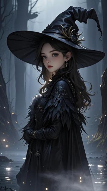 暗黑女巫立于迷雾森林，羽翼披风与萤火交织的奇幻夜景