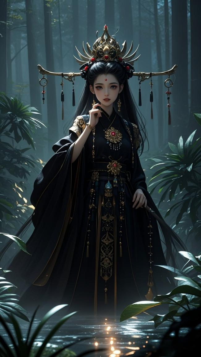 古风黑袍仙子立于雾林之中