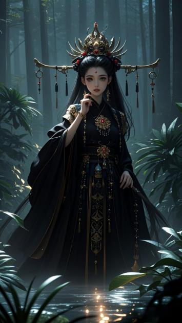 古风黑袍仙子立于雾林之中