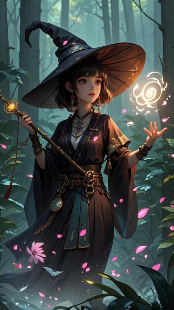 森林中的巫女魔法师插画