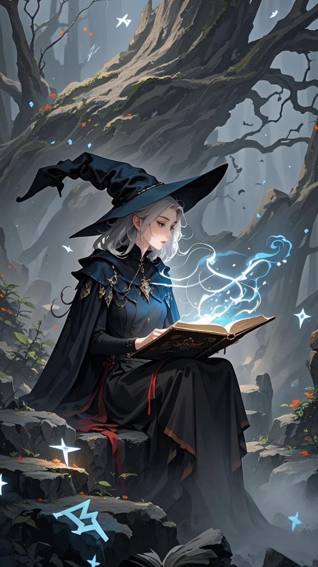 银发女巫夜读魔法书，森林秘境幻光萦绕