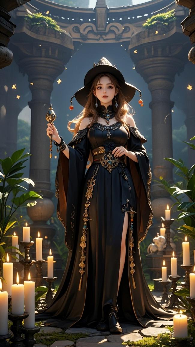 暗黑女巫烛光庭院写实插画