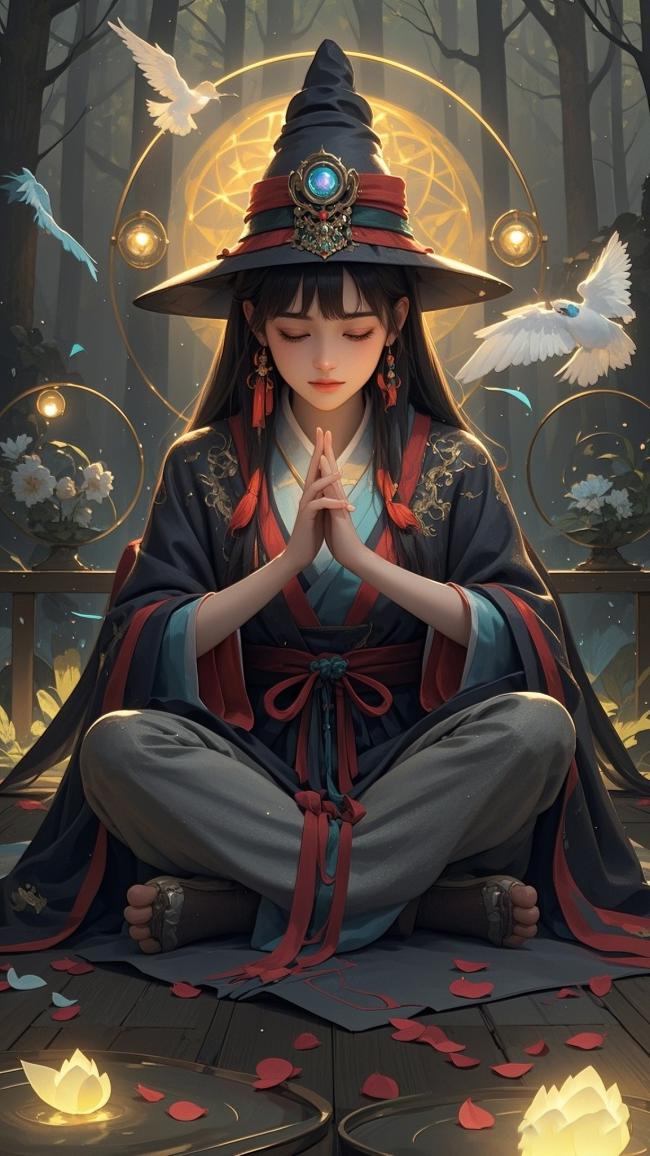 古风巫师冥想图：仙侠森林中的神圣仪式