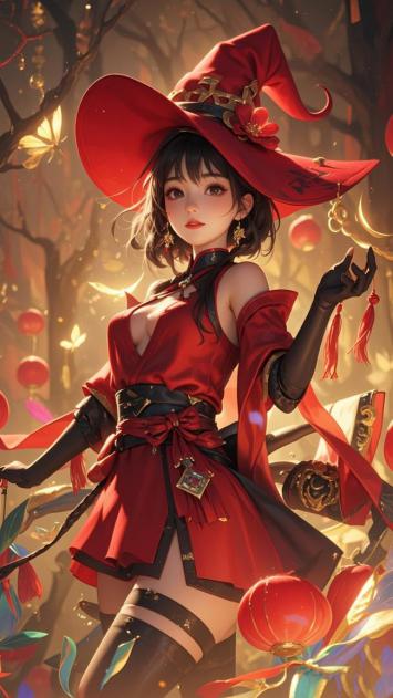 红衣女巫灯笼夜景动漫插画