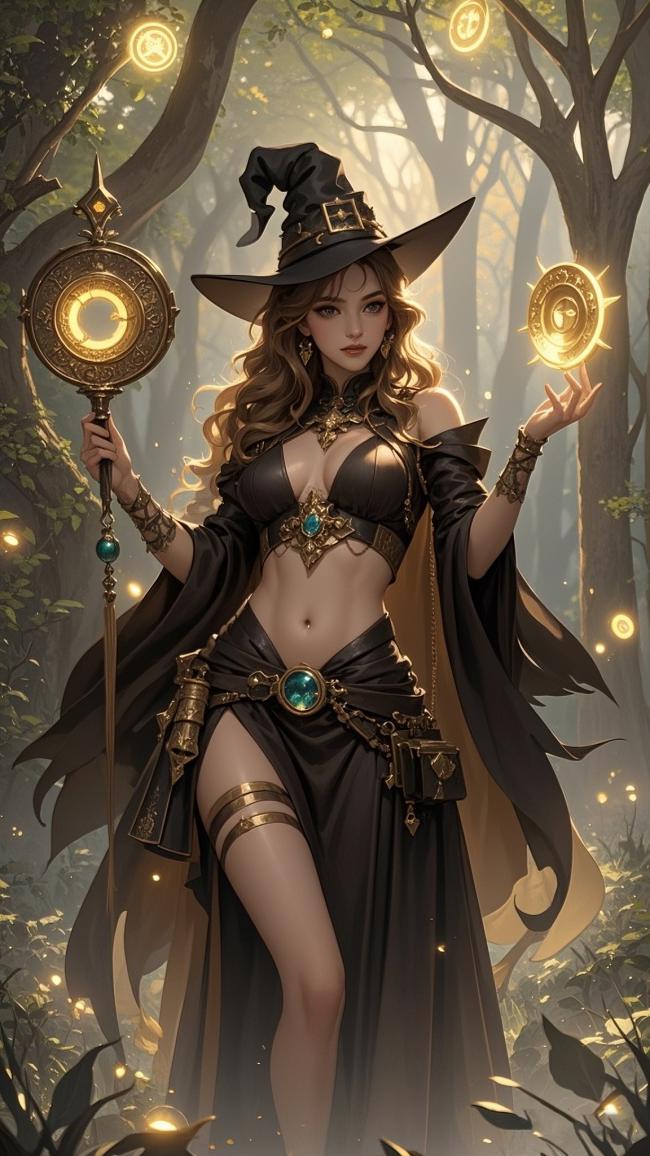 黑袍女巫施法森林幻境插画