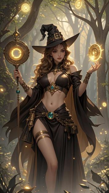 黑袍女巫施法森林幻境插画