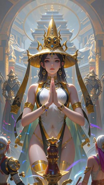 仙侠女神跪拜圣坛，金冠华服映佛光