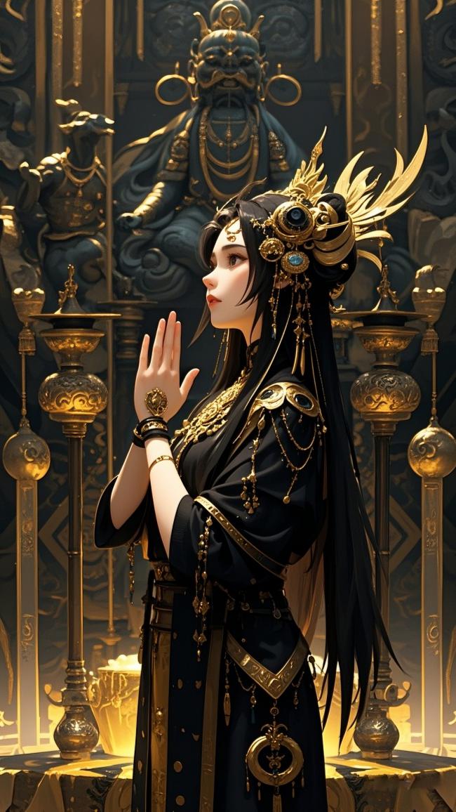 黑金仙侠女神跪拜神像，古风殿堂光影神圣