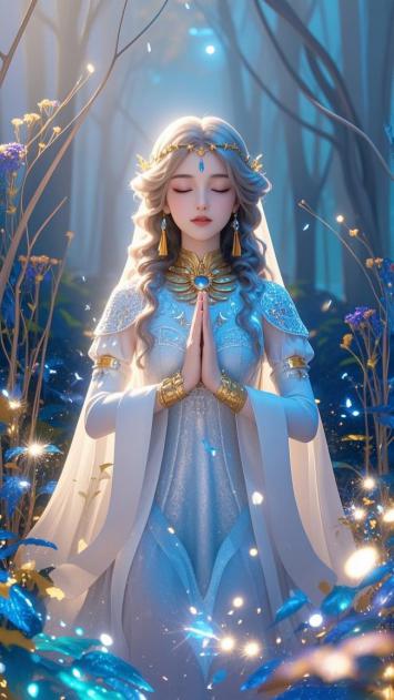 仙气少女闭目祈祷，森林幻光环绕