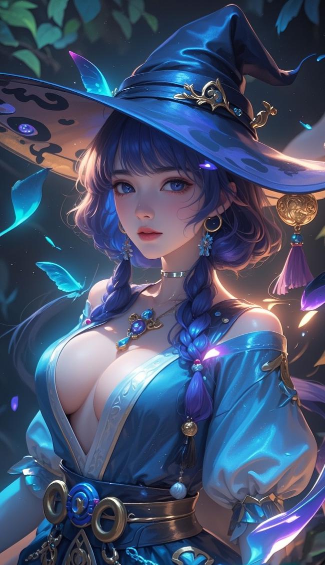 蓝发女巫奇幻插画，魔法森林中的神秘法师