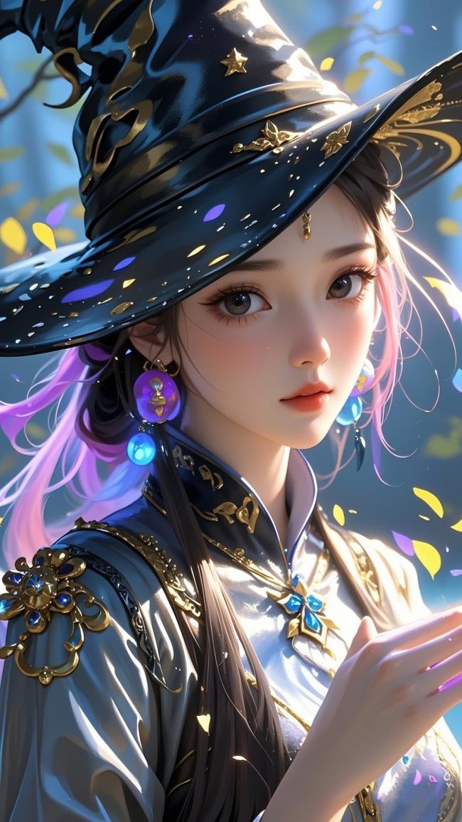 古风巫女幻影：粉紫发丝与星空高帽