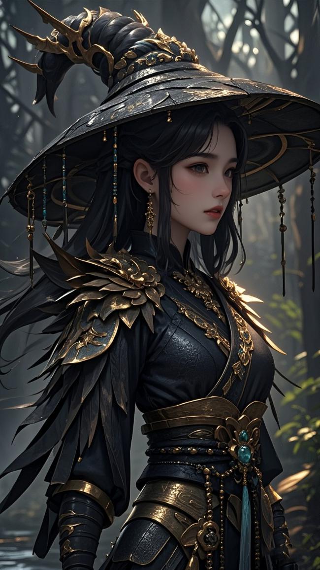 暗黑仙侠女侠立于雾林，金甲耀目如神祇