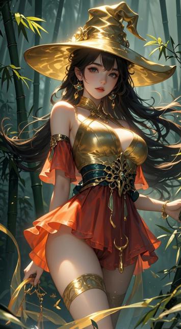 仙侠女巫立于竹林，金冠华服显神秘 ✨