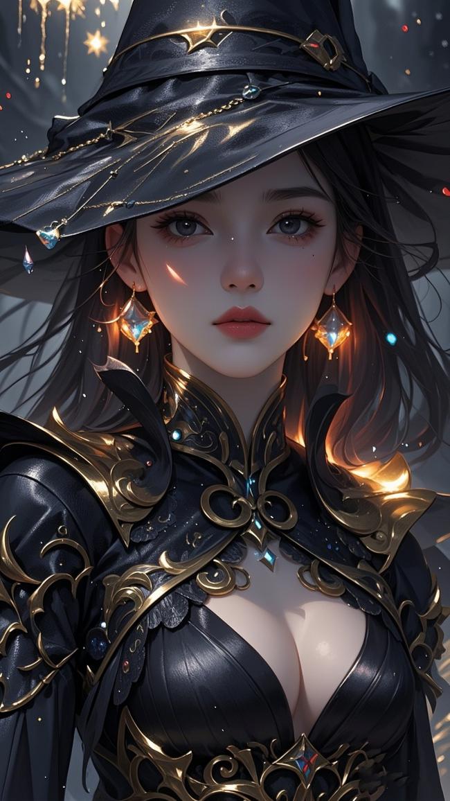 黑袍女巫写实肖像，暗金魔法光芒四射