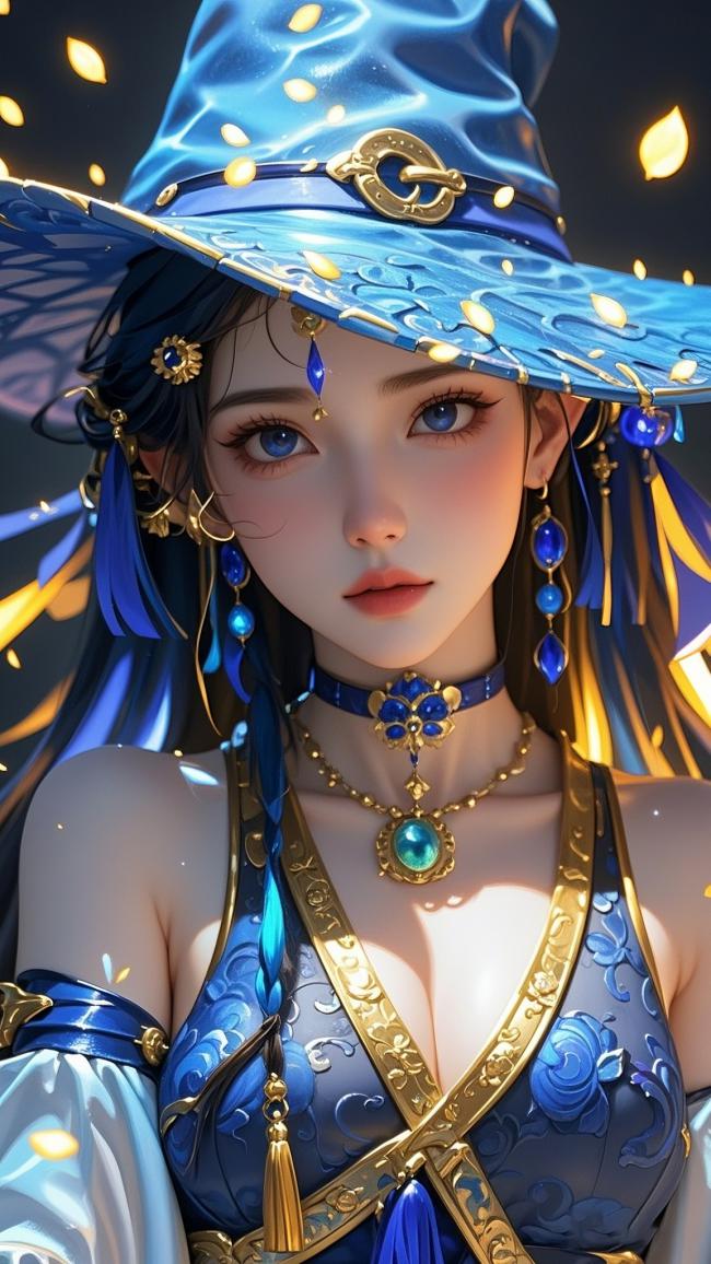 蓝袍魔女3D立绘，星光洒落梦幻场景