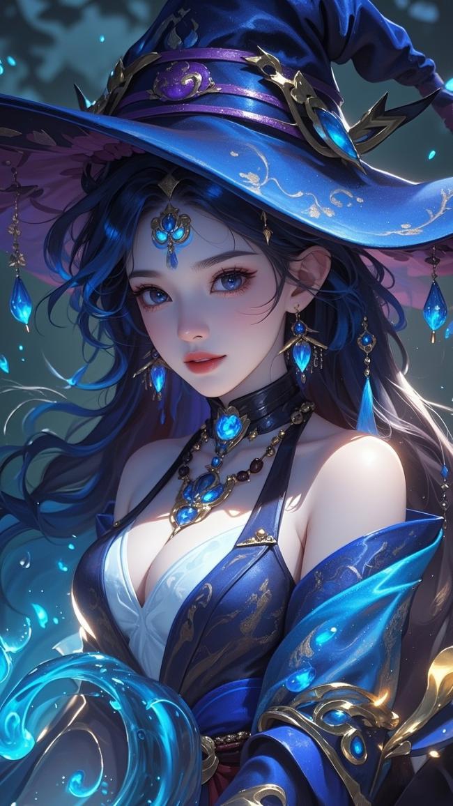 蓝袍魔女立绘：水晶魔法与华丽服饰交织