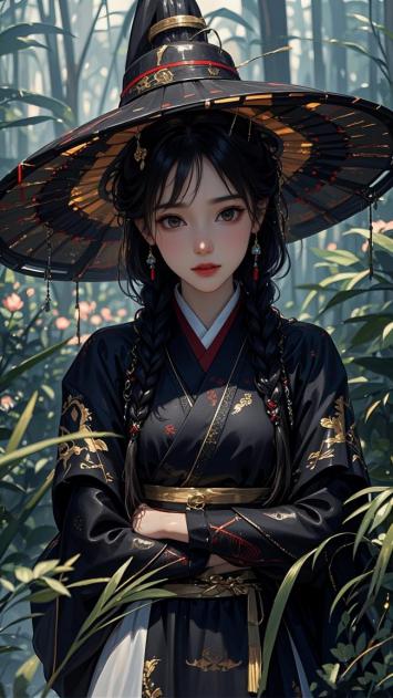 古风汉服少女竹林写真插画