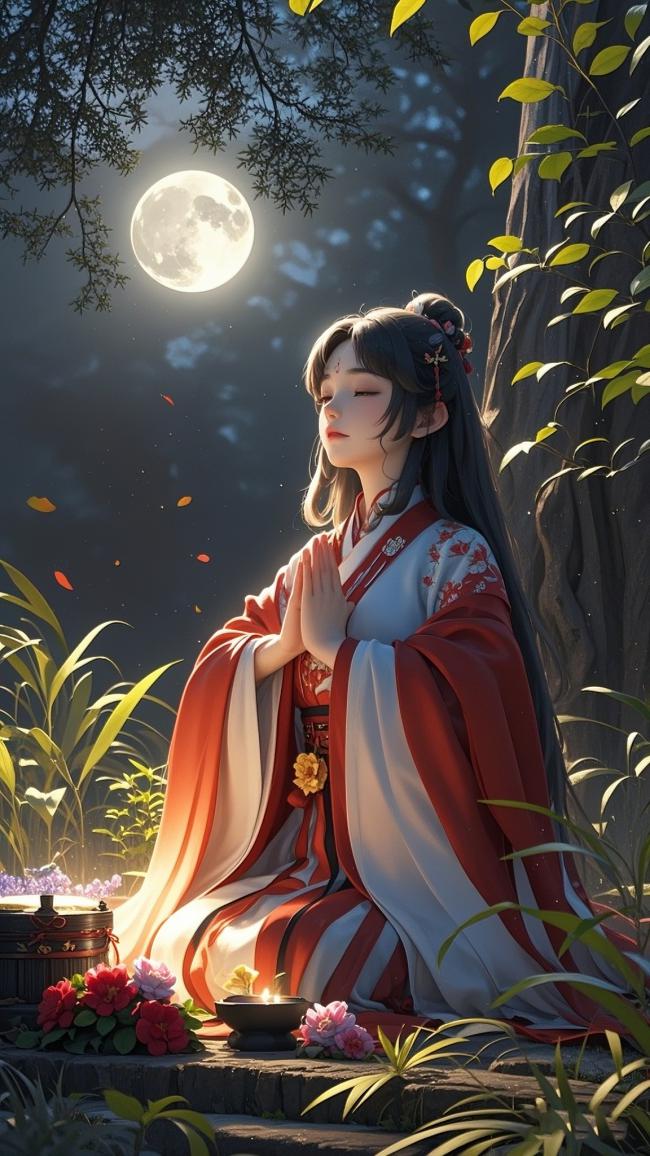月下汉服少女冥想图