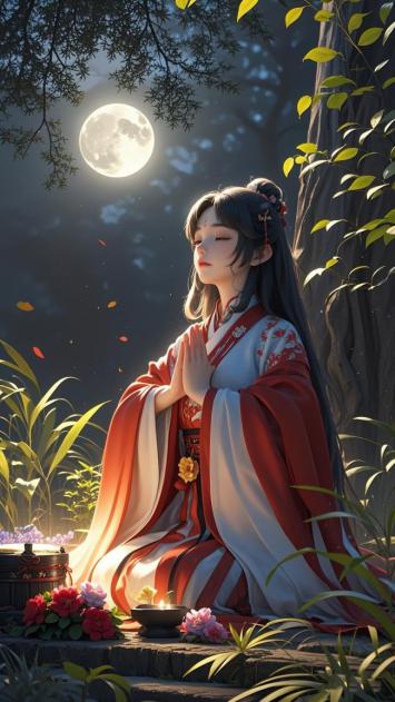 月下汉服少女冥想图