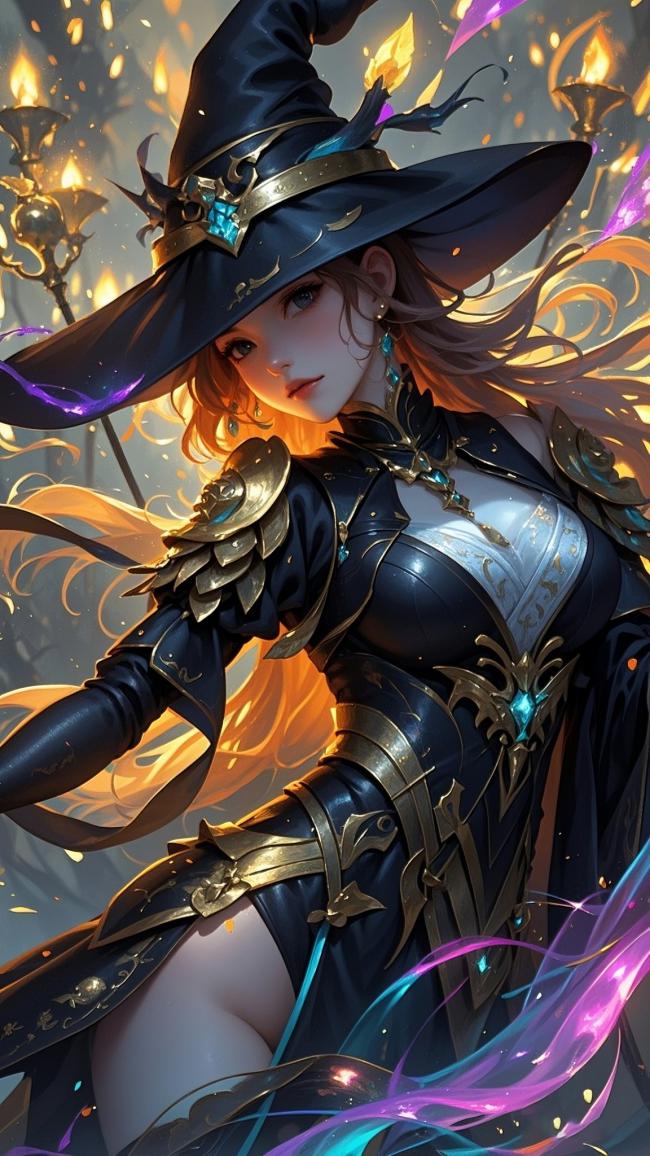 黑金魔女角色插画，魔法能量缭绕