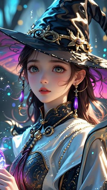 奇幻女巫立绘插画，魔法光芒环绕