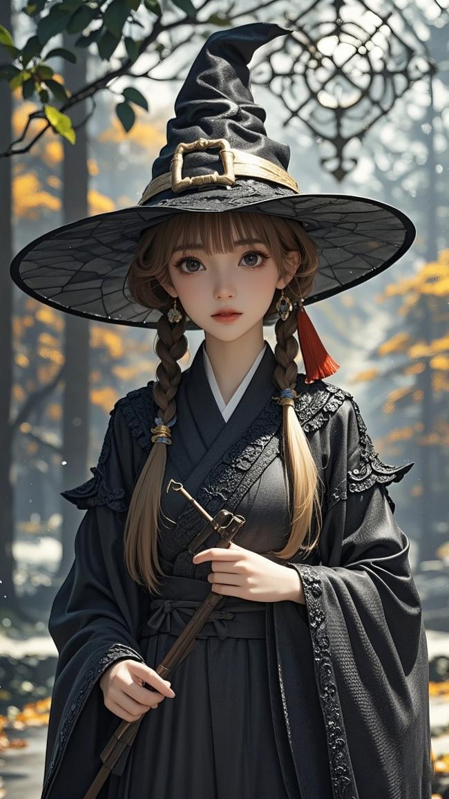 黑袍巫女立秋林，汉服魔幻风写实