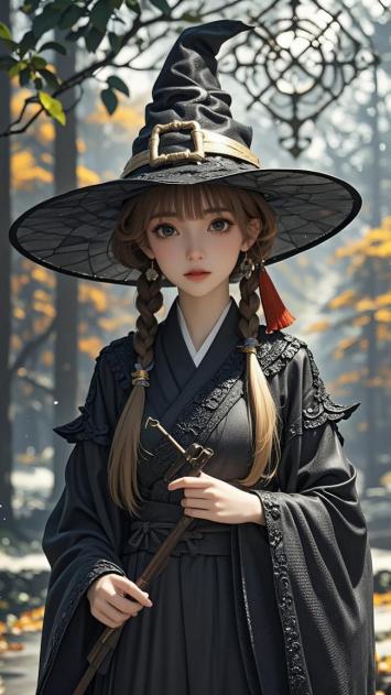 黑袍巫女立秋林，汉服魔幻风写实