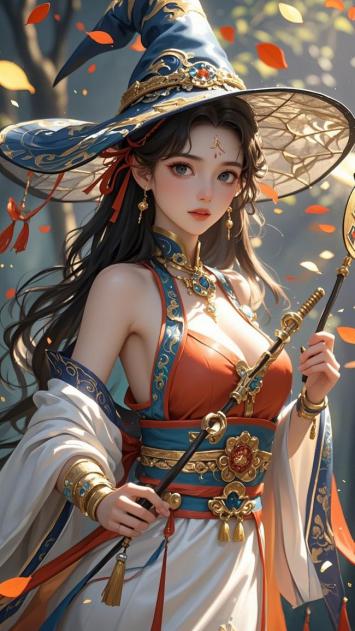 秋日巫女持杖立林间，华服鎏金映暖阳