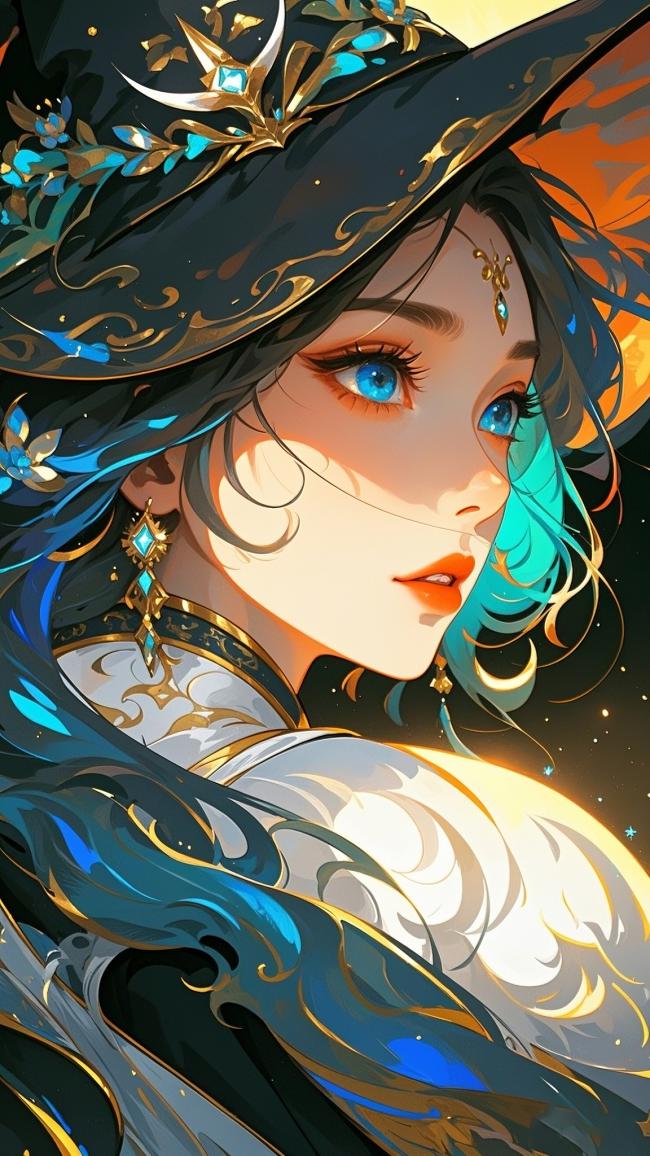 仙侠女巫赛璐璐插画，蓝眸鎏金华服