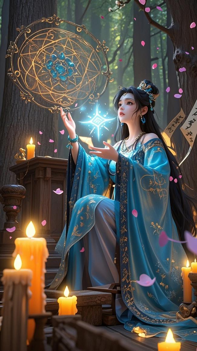 古风仙侠少女施法林间烛光图