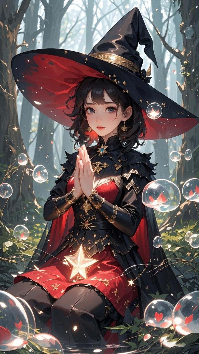 魔法少女巫师森林施法插画